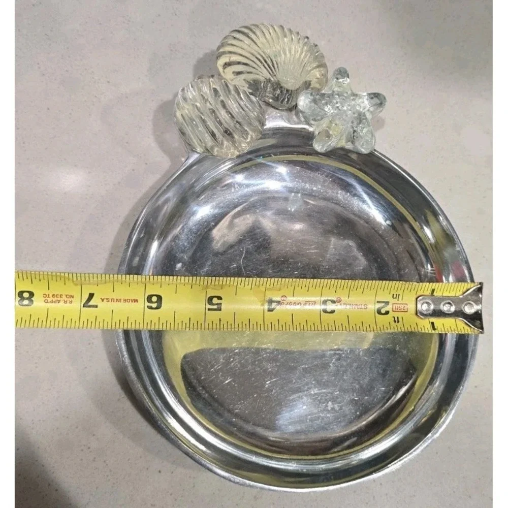 Vintage Silver Pewter Serving Tray Decorative Coadtal Glass Shell & Starfish